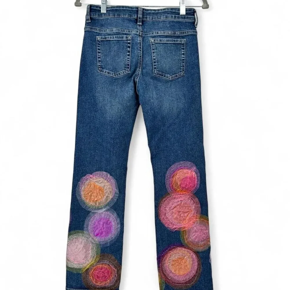 Bohemian Upcycled Spiral Embroidered Patchwork Medium Wash Denim Bootcut Jeans